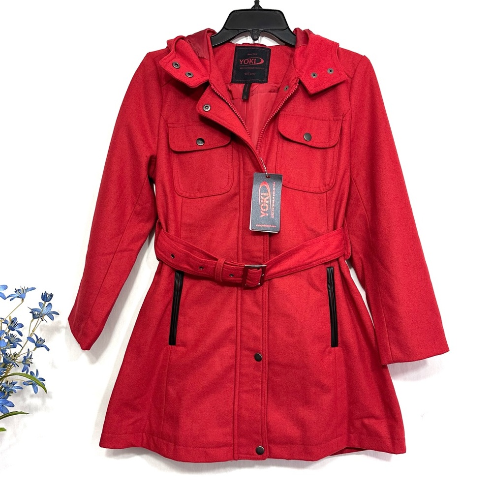 New York Yoki Girls Red Black Outerwear Collection Belted Hoodie Coat - NWT